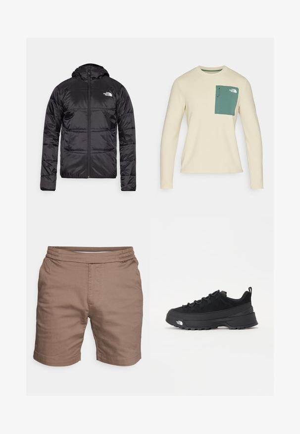 Juodas pūkinis švarkas su gobtuvu, siuvinėta konstrukcija, užtrauktuko uždarymas ir "The North Face" logotipas kairėje krūtinės pusėje. Pagamintas iš lengvos, blizgios medžiagos.; Bežinis ilgo rankovės marškinėlis, pagamintas iš tekstūruotos medžiagos, su žalia krūtinės kišenę, turinčia virvutę ir logotipo detalę.; Rudos šortai, pagaminti iš lengvos medžiagos, su elastinga juostele, lygia priekiu ir apdirbtais sijonais, turinčiais sklandžią tekstūrą.; Juodas lauko sportinis batelis su zomšiniu viršumi, tekstūruota guma padais ir tvirtas raištelių sistema. Yra sustiprinta kulno dalis ir prekės ženklo logotipas šone.