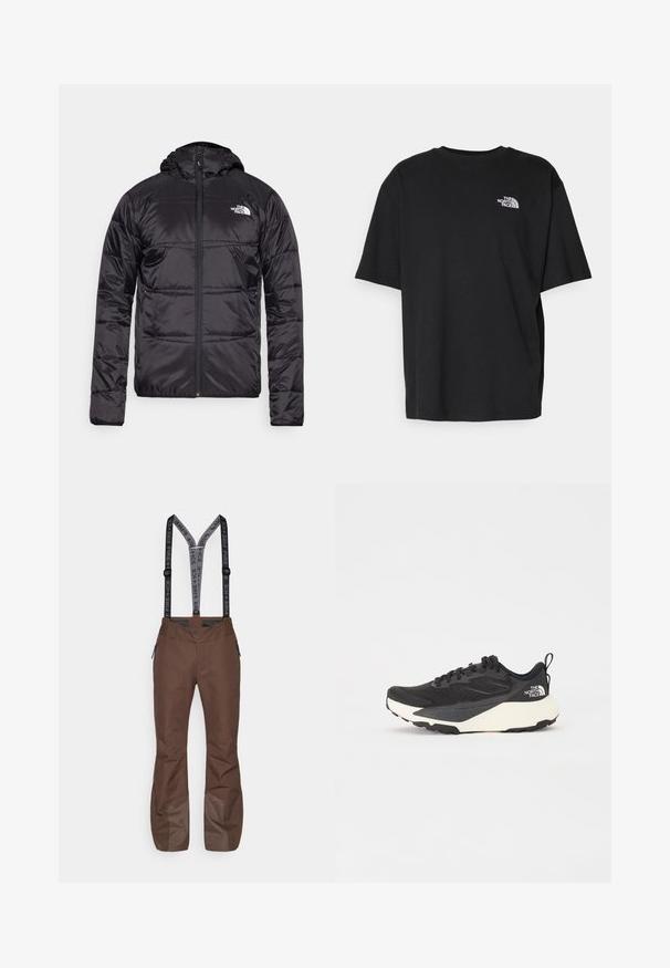 Black puffer jacket with a hood, quilted design, zipper closure, and the North Face logo on the left chest. Made from lightweight, shiny material.; Black cotton T-shirt with a round neckline and short sleeves. Features white logo on the left chest. Simple, relaxed fit.; Brown ski pants with adjustable black-and-gray suspenders, zipper pockets, and reinforced lower sections for durability and protection.; Black athletic shoe with textured mesh upper, solid black accents, and white lightweight outsole. Features lace-up closure and pull tab.