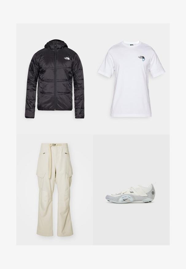 Črna puff jakna s kapuco, prešita zasnova, zadrga in logotip The North Face na levem prsnem delu. Narejena iz lahkega, sijočega materiala.; The North Face EXPLORE CARABINER RELAXED TEE UNISEX - Potiskana majica - white; Bež hlače s širokimi nogavicami, pasom na zaponko, dvema stranskima žepoma in zaščitnimi blazinicami na kolenih. Gladka tekstura z ojačanim šivanjem.; Bele in srebrne kolesarske čevlje z mrežno zgornjim delom, teksturiranimi poudarki, prilagodljivimi trakovi in gumijastim podplatom za oprijem in stabilnost.