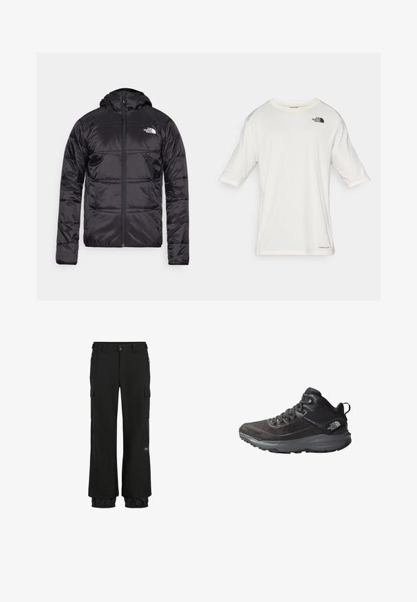 Black puffer jacket with a hood, quilted design, zipper closure, and the North Face logo on the left chest. Made from lightweight, shiny material.; White short-sleeve crew neck t-shirt with The North Face logo on the left chest and "Lightrange" text near the bottom hem.; Black cargo pants with a loose fit, made of durable fabric. Features include zippered pockets, elastic cuffs, and a logo patch.; Black hiking shoes with a textured upper, reinforced toe cap, and gray outsole. Features a lace-up design and padded ankle collar.