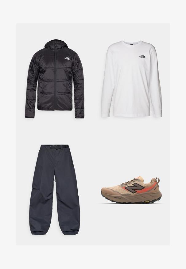 Zwarte pufferjack met een capuchon, gewatteerd ontwerp, ritsluiting en het North Face-logo op de linkerkant van de borst. Gemaakt van lichtgewicht, glanzend materiaal.; Witte lange mouwen T-shirt gemaakt van katoen met een ronde hals. Beschikt over een klein zwart logo op de borst. Soepele textuur, normale pasvorm.; Donkergrijze cargobroeken van een zachte, duurzame stof. Ze hebben een brede, losse pasvorm, meerdere zakken en een tailleband voor aanpassing.; Beige hardloopschoen met mesh bovenwerk, zwarte en rode accenten, en Vibram zool. Heeft een gevoerde kraag en een gestructureerd oppervlak voor grip.