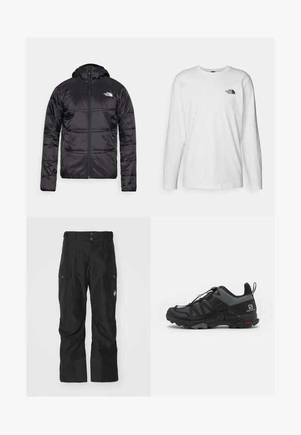 Mustat puffatakki, jossa on huppu, tikattu muotoilu, vetoketjusulku ja North Face -logo vasemmassa rinnassa. Valmistettu kevyestä, kiiltävästä materiaalista.; Valkoinen pitkähihaisen T-paita, joka on valmistettu puuvillasta ja jossa on pyöreä kaula-aukko. Rintamuksessa on pieni musta logo. Sileä kangas, normaali malli.; Musta cargo-housut, jotka on valmistettu vedenpitävästä materiaalista. Housuissa on kaksi sivutaskua, vahvistettu alaosa ja napitus vyötäröllä.; Salomon X ULTRA 4 - Vaelluskengät - quiet shade/black