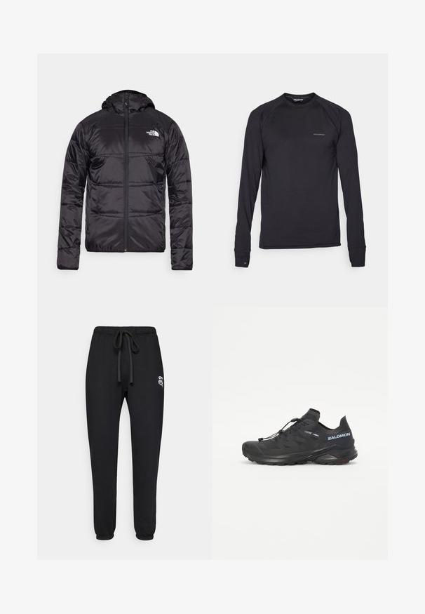 Czarna kurtka puchowa z kapturem, pikowana, z zamkiem błyskawicznym oraz logo The North Face na lewej piersi. Wykonana z lekkiego, błyszczącego materiału.; Czarna sportowa koszulka Salomon z długim rękawem, okrągłym dekoltem i subtelnym logo na klatce piersiowej oraz mankiecie lewego rękawa, zaprezentowana na białym tle.; Czarne dresowe spodnie z troczkami, z elastycznymi mankietami i małym białym logo graficznym na górnej lewej udzie.; Czarne buty do biegania w terenie z teksturowaną cholewką, elastycznymi sznurówkami i podeszwą Contagrip. Charakteryzują się dopasowanym krojem oraz ochronną osłoną palców.