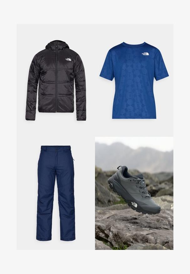 Črna puff jakna s kapuco, prešita zasnova, zadrga in logotip The North Face na levem prsnem delu. Narejena iz lahkega, sijočega materiala.; Modra kratka majica s kratkimi rokavi z teksturiranim geometrijskim vzorcem in belim logotipom na zgornji levi strani. Narejena iz lahkega, zračnega materiala.; Mornarsko modre izolirane snežne hlače s pravo obliko noge, ki vsebujejo dva sprednja gumba, stranske žepke in gladko, teksturirano tkanino.; Sive teka za trail tek, z teksturirano zgornjimi deli, trpežnim gumijastim podplatom in ojačanim kapico za prste. Ima vezi in logotip blagovne znamke na strani.