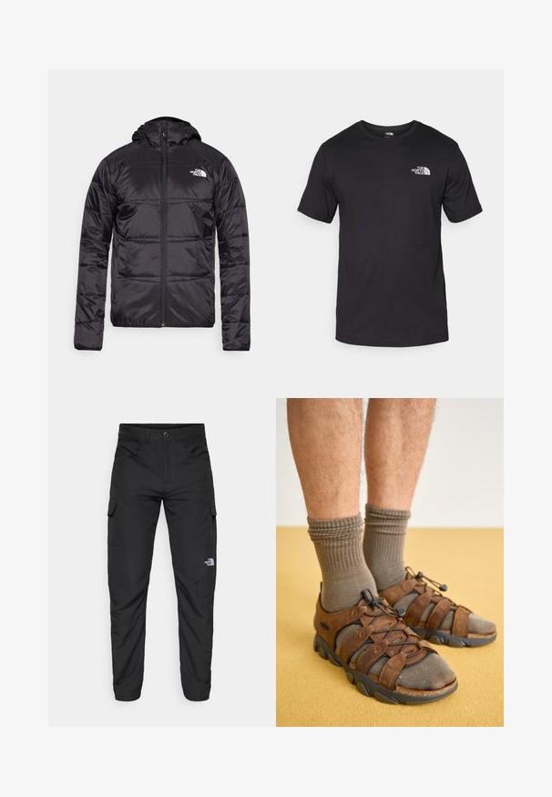Svart puffjacka med huva, kviltad design, dragkedjestängning och North Face-logga på vänster bröst. Tillverkad av lätt, glänsande material.; Svart t-shirt med kort ärm gjord av bomull, med rund halsringning och en liten vit logotyp på övre vänstra bröstområdet.; The North Face HORIZON PANT - Friluftsbyxor - black; Bruna och grå utomhusskor med elastisk snörningssystem, gummisålar och texturerade material, bärs tillsammans med olivgröna ribbade strumpor.