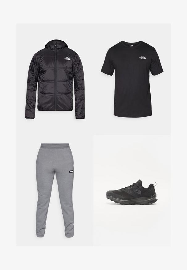 Casaco puffer preto com capuz, design acolchoado, encerramento com fecho zip e o logótipo da North Face no lado esquerdo do peito. Feito de material leve e brilhante.; T-shirt preto de manga curta feito de algodão, com um decote redondo e um pequeno logótipo branco na parte superior esquerda do peito.; Columbia MERIDIAN CREEK™ JOGGER - Calças de fato de treino - city grey heather; Sapatilha atlética preta com parte superior em malha, sola de borracha e colarinho almofadado. Apresenta atacadores, logótipo de lado e um design texturizado.