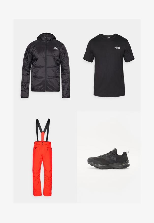 Musta puhvjakas kapuutsiga, tikandeid sisaldava disainiga, lukuga ning vasakul rinnal North Face'i logo. Valmistatud kergest, läikivast materjalist.; Must have lühikeste varrukatega must T-särk, mis on valmistatud puuvillast, ümmarguse kaelusega ja väikese valge logoga vasakus ülanurgas.; Salomon EDGE PANT  - Suusapüksid - cherry tomato; Must use õhku läbilaskvat võrku ülemise ja kummist välispõhjaga mustad atleetijalatsid, millel on polsterdatud kaelus. Omab nööre, logo küljel ja tekstuurset disaini.