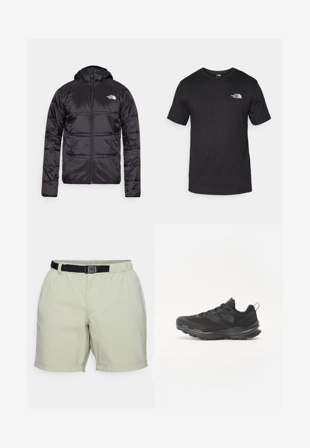Melnā pūkšķu jaka ar kapuci, ar izšūtu dizainu, ar rāvējslēdzēja aizdari un North Face logotipu uz kreisā krūškurvja. Izgatavota no viegla, spīdīga materiāla.; Melna īsām piedurknēm T-krekls, kas izgatavots no kokvilnas, ar apaļu dekoltē un nelielu baltu logotipu augšējā kreisajā krūtīs.; Gaiši zaļie šorti, izgatavoti no viegla auduma, ar elastīgu jostasvietu un melnu regulējamu jostu, kā arī sānu kabatām.; Melnas sporta kurpes ar sietu virsu, gumijas zoli un mīkstinātu apkakli. Satur šņores, logotipu sānos un strukturētu dizainu.