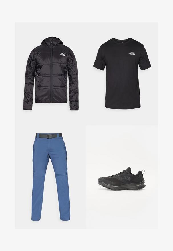 Čierna prešívaná bunda s kapucňou, s oceľovým zapínaním a logom North Face na ľavom prsníku. Vyrobená z ľahkého, lesklého materiálu.; Čierne tričko s krátkym rukávom vyrobené z bavlny, s okrúhlym výstrihom a malým bielym logom na hornej ľavej strane hrude.; Columbia SILVER RIDGE™ UTILITY CONVERTIBLE PANT - Outdoorové nohavice - dark mountain; Čierna športová obuv s vrchnou časťou z jemnej sieťoviny, gumovou podrážkou a polstrovaným golierom. Obsahuje šnúrky, logo na strane a textúrovaný dizajn.