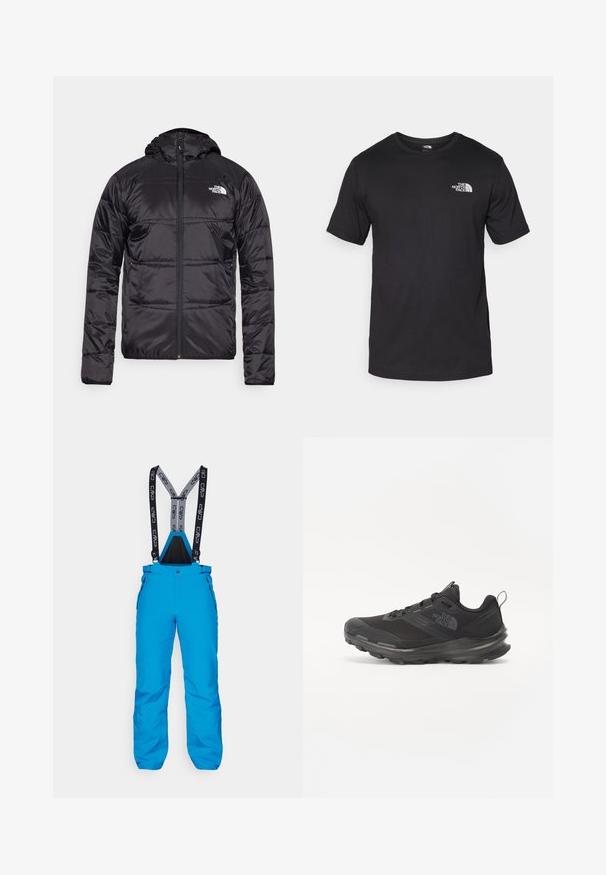 Zwarte pufferjack met een capuchon, gewatteerd ontwerp, ritsluiting en het North Face-logo op de linkerkant van de borst. Gemaakt van lichtgewicht, glanzend materiaal.; Zwarte T-shirt met korte mouwen van katoen, voorzien van een ronde halslijn en een klein wit logo op de bovenste linkerkant van de borst.; Blauwe skibroek met verstelbare zwarte en grijze bretels, ritszakken aan de zijkant en een duurzame, waterdichte stof.; Zwarte sportieve sneaker met een bovenkant van mesh, rubberen zool en een zachte kraag. Voorzien van veters, een logo op de zijkant en een gestructureerd ontwerp.
