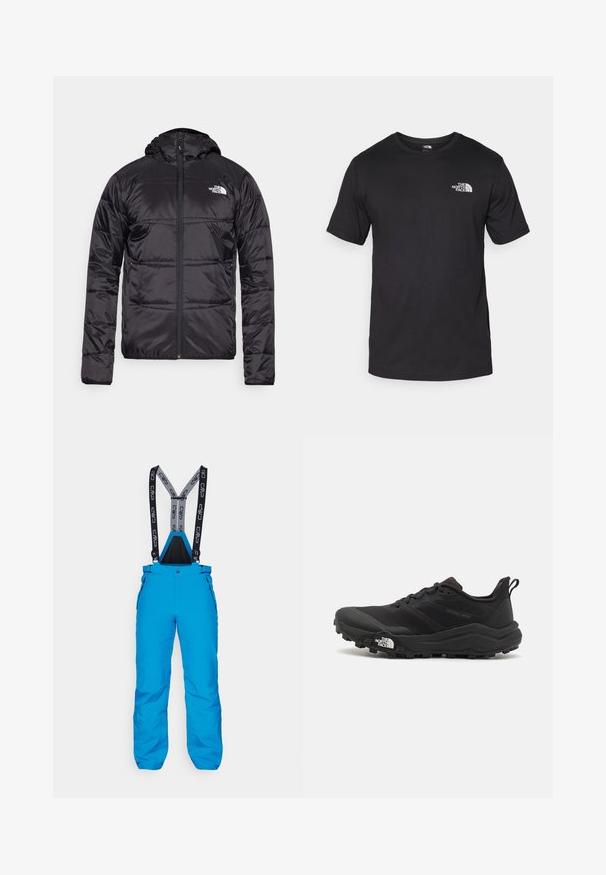 Melnā pūkšķu jaka ar kapuci, ar izšūtu dizainu, ar rāvējslēdzēja aizdari un North Face logotipu uz kreisā krūškurvja. Izgatavota no viegla, spīdīga materiāla.; Melna īsām piedurknēm T-krekls, kas izgatavots no kokvilnas, ar apaļu dekoltē un nelielu baltu logotipu augšējā kreisajā krūtīs.; Zilas slēpošanas bikses ar regulējamām melnām un pelēkām siksnām, ar rāvējslēdzēju sānu kabatām un izturīgu, ūdensnecaurlaidīgu materiālu.; Melnas taku skriešanas kurpes ar teksturētu virsu, gumijas zoli un pastiprinātu pirkstu daļu. Aprīkotas ar mīkstu apkakli un vilkšanas cilpu, lai viegli uzvilktu.