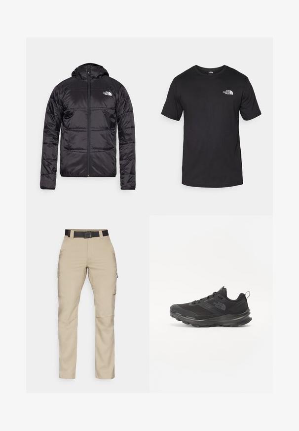 Melnā pūkšķu jaka ar kapuci, ar izšūtu dizainu, ar rāvējslēdzēja aizdari un North Face logotipu uz kreisā krūškurvja. Izgatavota no viegla, spīdīga materiāla.; Melna īsām piedurknēm T-krekls, kas izgatavots no kokvilnas, ar apaļu dekoltē un nelielu baltu logotipu augšējā kreisajā krūtīs.; Beige kravas bikses ar vairākiem kabatām, melna regulējama josta un taisna kāju dizains. Izgatavotas no viegla, izturīga auduma.; Melnas sporta kurpes ar sietu virsu, gumijas zoli un mīkstinātu apkakli. Satur šņores, logotipu sānos un strukturētu dizainu.