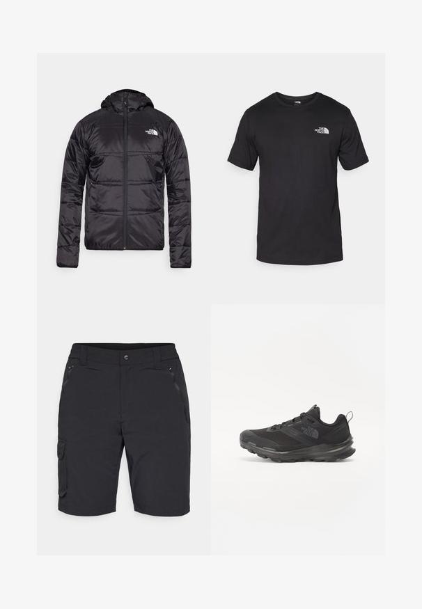 Doudoune noire avec capuche, design matelassé, fermeture éclair et logo The North Face sur la poitrine gauche. Fabriquée en matériau léger et brillant.; T-shirt noir à manches courtes en coton, avec un col rond et un petit logo blanc sur le côté supérieur gauche de la poitrine.; Shorts cargo noirs avec une poche zippée, une taille élastique et des accents de panneaux sur les côtés. Fabriqués en tissu léger et durable.; Baskets de sport noires avec tige en mesh, semelle en caoutchouc et col rembourré. Dotées de lacets, d'un logo sur le côté et d'un design texturé.