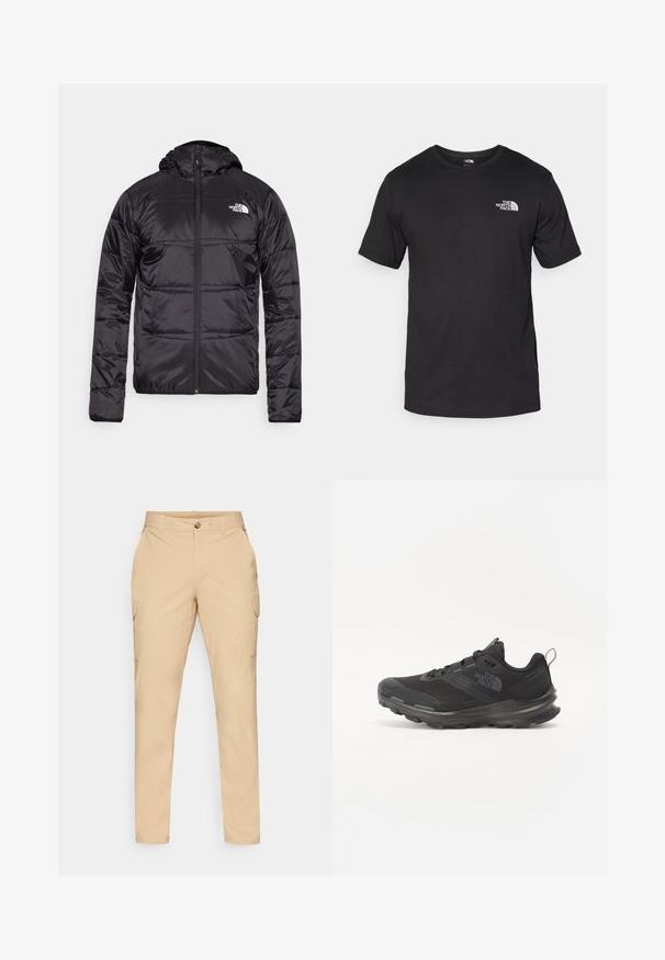 Chaqueta acolchada negra con capucha, diseño acolchado, cierre de cremallera y el logo de The North Face en el lado izquierdo del pecho. Fabricada con material ligero y brillante.; Camiseta negra de manga corta, hecha de algodón, con un cuello redondo y un pequeño logo blanco en la parte superior izquierda del pecho.; Pantalones cargo beige con cierre de botón, ajuste slim, bolsillos laterales y una suave tela de mezcla de algodón. Sin patrones o adornos visibles.; Zapatilla deportiva negra con parte superior de malla, suela de goma y cuello acolchado. Cuenta con cordones, logotipo en el lateral y un diseño texturizado.