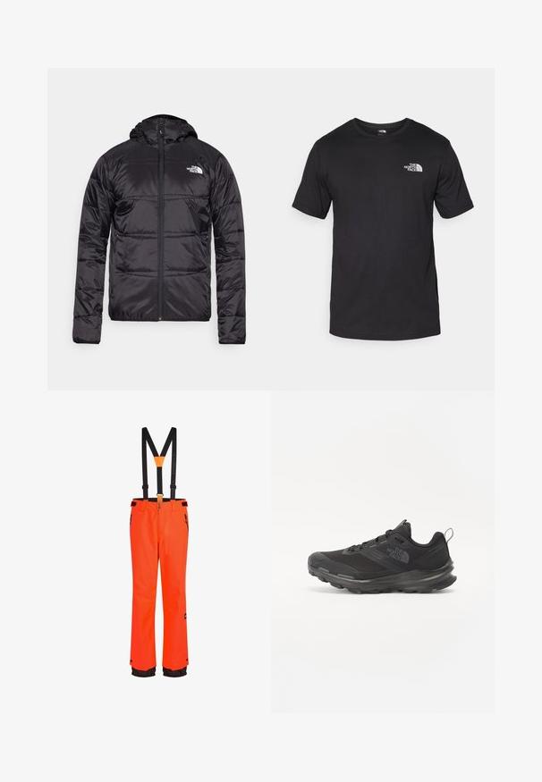 Črna puff jakna s kapuco, prešita zasnova, zadrga in logotip The North Face na levem prsnem delu. Narejena iz lahkega, sijočega materiala.; Črna kratko sleeved majica iz bombaža, s krožnim izrezom in majhnim belim logotipom na zgornjem levem delu prsnega koša.; Oranžno nepremočljivo smučarsko hlače z nastavljivimi črnimi naramnicami, žepi z zadrgo in črnimi detajli na robovih. Trajna tkanina, ravna zasnova nogavic.; Črne športne čevlje z mrežastim zgornjim delom, gumijastim podplatom in oblazinjenim ovratnikom. Imajo vezalke, logo na strani in strukturiran dizajn.