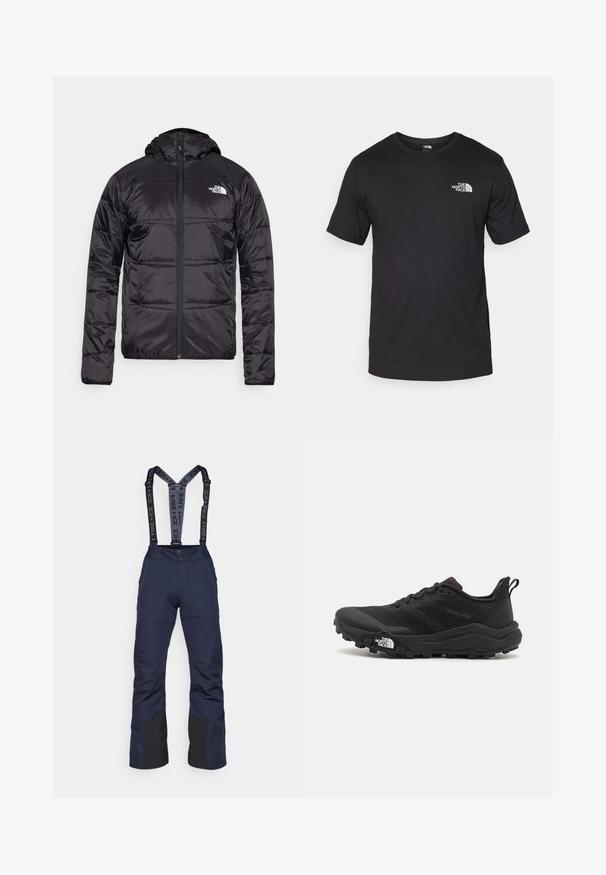 Schwarze Daunenjacke mit Kapuze, gestepptem Design, Reißverschluss und dem North Face-Logo auf der linken Brust. Hergestellt aus leichtem, glänzendem Material.; Schwarzes T-Shirt mit kurzen Ärmeln aus Baumwolle, mit einem runden Ausschnitt und einem kleinen weißen Logo auf der oberen linken Brust.; Marineblaue Skihosen mit verstellbaren schwarzen Hosenträgern, die den Text "FIRE + ICE" tragen, verstärkten schwarzen Akzenten an den Knien und zwei seitlichen Reißverschlusstaschen.; Schwarzer Trailrunning-Schuh mit strukturiertem Obermaterial, Gummisohle und verstärkter Zehenkappe. Verfügt über einen gepolsterten Kragen und eine Ziehlasche für einfaches Anziehen.