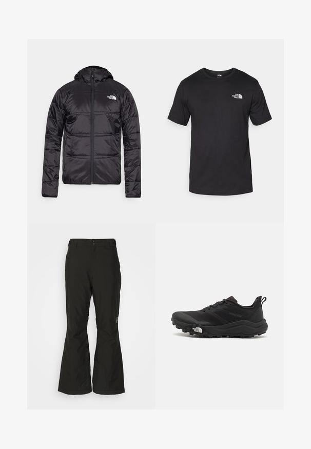 Sort dunjakke med hætte, quiltet design, lynlås lukning og The North Face-logo på venstre bryst. Lavet af let, skinnende materiale.; Sort kortærmet t-shirt lavet af bomuld, med rund halsudskæring og et lille hvidt logo på den øverste venstre brystområde.; Sorte, vandtætte skibukser med lige ben-design, to sidelommer og forstærkede nederste kant for holdbarhed. Inkluderer justerbar talje.; Sort trail løbesko med en struktureret overdel, gummisål og forstærket tåhætte. Har en polstret krave og en pull-tab til nem påtagning.