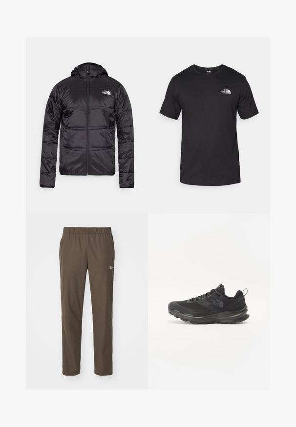 Juodas pūkinis švarkas su gobtuvu, siuvinėta konstrukcija, užtrauktuko uždarymas ir "The North Face" logotipas kairėje krūtinės pusėje. Pagamintas iš lengvos, blizgios medžiagos.; Juodas trumpas rankovės marškinėliai, pagaminti iš medvilnės, su apvaliu kaklu ir mažu baltu logotipu viršutiniame kairiajame krūtinės kampe.; Rudos, lengvi, elastingos kelnės su tiesiu kojų dizainu. Ant kairės kojos yra mažas logotipo pleistras. Lygus, patvarus audinys.; Juodos sportinės bateliai su tinklelio viršumi, guminiais padu ir paminkštintu apykakle. Yra raišteliai, logotipas šone ir tekstūruotas dizainas.