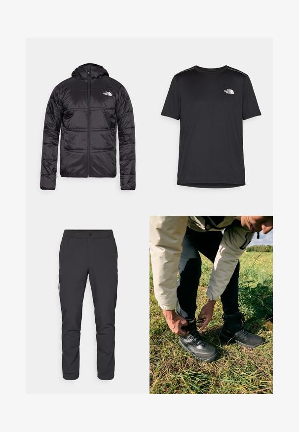 Giubbotto a vento nero con cappuccio, design trapuntato, chiusura con zip e logo The North Face sul lato sinistro del petto. Realizzato in materiale leggero e lucido.; T-shirt nero a maniche corte realizzata in tessuto leggero. Presenta un piccolo logo bianco sul lato sinistro del petto e delicati dettagli sulle spalle.; Pantaloni neri a sigaretta con vita elastica, tasca laterale con zip e tessuto leggero e liscio. Ideali per l'abbigliamento sportivo.; Bottoni neri da esterno con tomaia in pelle tessurizzata e suola in gomma. L'indossatore sta stringendo i lacci mentre è in piedi sull'erba.