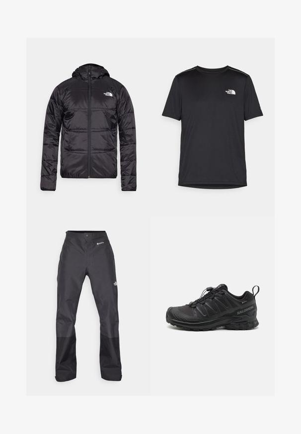 Casaco puffer preto com capuz, design acolchoado, encerramento com fecho zip e o logótipo da North Face no lado esquerdo do peito. Feito de material leve e brilhante.; T-shirt preto de manga curta feito de um tecido leve. Apresenta um pequeno logo branco ao lado esquerdo do peito e detalhes subtis nos ombros.; Calças impermeáveis pretas com uma textura suave, apresentando um logotipo GORE-TEX na frente, e pernas inferiores reforçadas para maior durabilidade.; Sapatilha atlética preta com um cabedal sintético texturizado, sola acolchoada e um sistema de atilhos rápido. Possui biqueira e calcanhar reforçados.