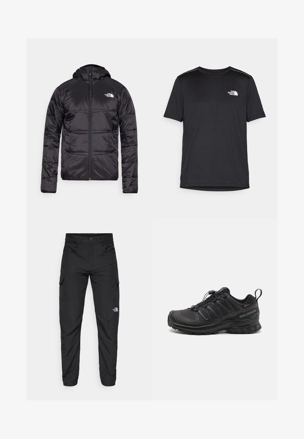 Melnā pūkšķu jaka ar kapuci, ar izšūtu dizainu, ar rāvējslēdzēja aizdari un North Face logotipu uz kreisā krūškurvja. Izgatavota no viegla, spīdīga materiāla.; Melnas īsām piedurknēm T-kreklas, izgatavots no viegla auduma. Uz kreisā krūtīm ir neliels balts logo un smalki plecu akcenti.; The North Face HORIZON PANT - Āra bikses - black; Melna sporta apava ar teksturētu sintētisku augšdaļu, ar mīkstinātu zoli un ātru saslēgšanas sistēmu. Iezīmēts ar pastiprinātu purngala un papēža daļu.