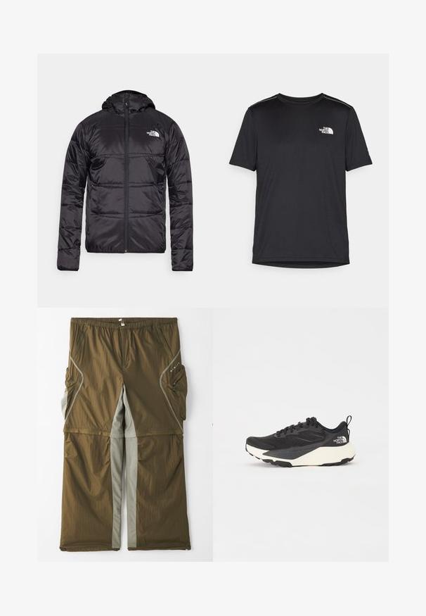 Juodas pūkinis švarkas su gobtuvu, siuvinėta konstrukcija, užtrauktuko uždarymas ir "The North Face" logotipas kairėje krūtinės pusėje. Pagamintas iš lengvos, blizgios medžiagos.; Juodas trumpas rankovės marškinėliai, pagaminti iš lengvos medžiagos. Yra mažas baltas logotipas kairiajame krūtinės pusėje ir subtilūs pečių akcentai.; Rudos lengvi kelnės su pilkais šonų paneliais, elastinga juosta ir keliais šoninėmis kišenėmis. Textūruotas audinys su subtiliu blizgesiu.; Juodas sportinis batelis su tekstūruotu tinkleliu, solidžiai juodais akcentais ir lengvu baltu padu. Yra raištelių uždarymas ir trauktukas.