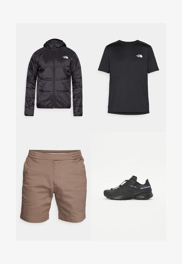 Μαύρο φουσκωτό μπουφάν με κουκούλα, με καπιτονέ σχέδιο, κλείσιμο με φερμουάρ και το λογότυπο της North Face στο αριστερό στήθος. Κατασκευασμένο από ελαφρύ, γυαλιστερό υλικό.; Μαύρο κοντομάνικο T-shirt φτιαγμένο από ελαφρύ ύφασμα. Έχει ένα μικρό λευκό λογότυπο στο αριστερό στήθος και διακριτικές λεπτομέρειες στους ώμους.; Καφέ σορτς κατασκευασμένα από ελαφρύ ύφασμα, με ελαστική μέση, επίπεδο μπροστινό μέρος και τελειωμένα μανίκια με λεία υφή.; Μαύρο αθλητικό παπούτσι τρεξίματος με υφή στην επιφάνεια, ελαστικά κορδόνια και σόλα Contagrip. Διαθέτει σφιχτή εφαρμογή και προστατευτικό καπάκι δαχτύλου.