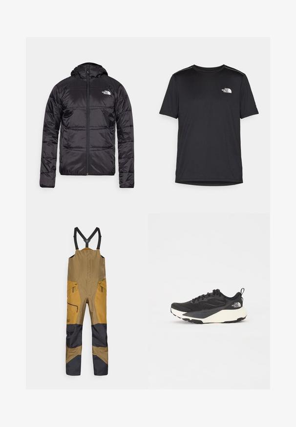 Musta puhvjakas kapuutsiga, tikandeid sisaldava disainiga, lukuga ning vasakul rinnal North Face'i logo. Valmistatud kergest, läikivast materjalist.; Must mustaöödiga must T-särk, mis on valmistatud kerge riidekanga. Esiküljel on vasakul rinnal väike valge logo ning õlgadel on peened aktsendid.; Pruunid ja mustad ülevalt avanevad kombinesoonid reguleeritavate mustade õlapaeltega ja lukuga taskutega, mõeldud välitingimustes või tööks kasutamiseks.; Must have musta sportlik king, millel on tekstureeritud võrgu ülemine osa, soliidne mustade aktsentidega ja kerge valge tallaga. Omab kinnituspaelu ja tõmbeaset.