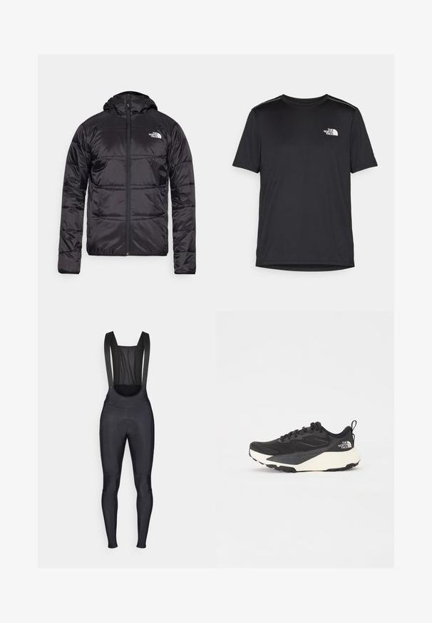 Casaco puffer preto com capuz, design acolchoado, encerramento com fecho zip e o logótipo da North Face no lado esquerdo do peito. Feito de material leve e brilhante.; T-shirt preto de manga curta feito de um tecido leve. Apresenta um pequeno logo branco ao lado esquerdo do peito e detalhes subtis nos ombros.; Tights de ciclismo pretos com alças, apresentando um painel traseiro em malha e uma área acolchoada na parte inferior para conforto durante os passeios.; Sapatilha atlética preta com parte superior em malha texturada, detalhes pretos sólidos e sola leve branca. Apresenta fecho com atacadores e alça de puxar.