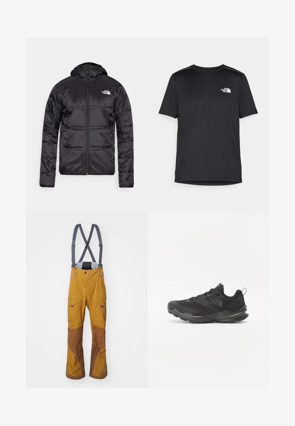 Crna zimska jakna s kapuljačom, kvačena dizajn, zatvaranje na zip, i logo North Face na lijevoj strani prsa. Napravljena od laganog, sjajnog materijala.; Crna majica kratkih rukava izrađena od lagane tkanine. Ima mali bijeli logo na lijevoj strani grudi i suptilne naglaske na ramenima.; Klättermusen BRAGE SALOPETTE - Skijaške hlače - mustard; Crne sportske tenisice s mrežastim gornjim dijelom, gumiranom potplatom i podstavljenim rubom. Imaju vezice, logo sa strane i teksturirani dizajn.