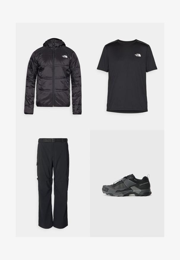 Schwarze Daunenjacke mit Kapuze, gestepptem Design, Reißverschluss und dem North Face-Logo auf der linken Brust. Hergestellt aus leichtem, glänzendem Material.; Schwarzes T-Shirt mit kurzen Ärmeln aus leichtem Stoff. Mit einem kleinen weißen Logo auf der linken Brust und dezenten Akzenten an den Schultern.; Schwarze Cargo-Hosen mit abnehmbarem unteren Abschnitt, mehreren Seitentaschen, verstellbarem Gürtel und leichtem Stoff für Komfort und Bequemlichkeit.; Schwarzer Trailrunning-Schuh mit einem robusten Mesh-Obermaterial, verstärkter Zehenkappe, strukturierten Gummisohle und elastischem Schnürsystem für einen sicheren Sitz.