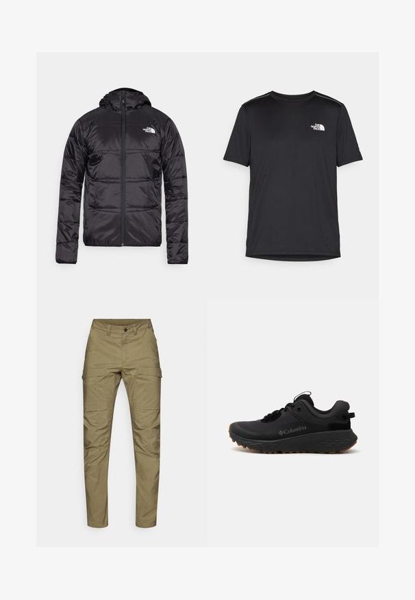 Juodas pūkinis švarkas su gobtuvu, siuvinėta konstrukcija, užtrauktuko uždarymas ir "The North Face" logotipas kairėje krūtinės pusėje. Pagamintas iš lengvos, blizgios medžiagos.; Juodas trumpas rankovės marškinėliai, pagaminti iš lengvos medžiagos. Yra mažas baltas logotipas kairiajame krūtinės pusėje ir subtilūs pečių akcentai.; Khaki kargo kelnės, pagamintos iš patvarios medžiagos, su tiesaus kirpimo dizainu, keliais priekiniais kišenėmis ir užtrauktuku bei sagos uždarymu.; Juoda Kolumbijos sportinė avalynė su tekstūruotu paviršiumi, paminkštintu apykakle ir guminėmis padais, kurių paviršiuje yra išskirtinė struktūra sukibimui.