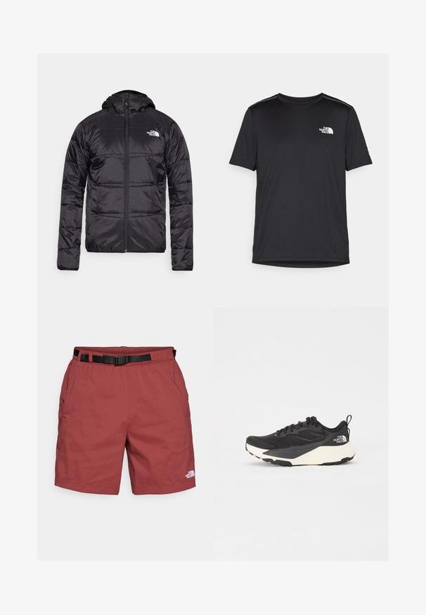 Svart dunjakke med hette, quiltet design, glidelås og North Face-logo på venstre bryst. Laget av lett, skinnende materiale.; Svart kortermet T-skjorte laget av lett materiale. Har en liten hvit logo på venstre bryst og subtile skulderdetaljer.; Røde shorts laget av lett materiale, med elastisk midje og et justerbart belte i svart samt sidelommer. Merkevaren er synlig.; Svart treningssko med teksturert mesh-overdel, solide svarte detaljer og hvit, lett yttersåle. Har snøring og en løkke bak.