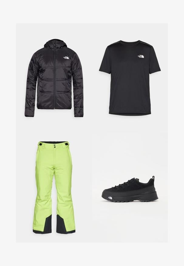 Sort dunjakke med hætte, quiltet design, lynlås lukning og The North Face-logo på venstre bryst. Lavet af let, skinnende materiale.; Sort t-shirt med korte ærmer lavet af letvægtsstof. Har et lille hvidt logo på venstre bryst og diskrete skuldrelementer.; Lyse limegrønne skibukser med en glat tekstur, der har sorte accenter ved manchetterne og lukning med knap i taljen.; Sort udendørs sneakers med overdel i ruskind, tekstureret gummisål og robust snøringssystem. Har en forstærket hæl og logo fra mærket på siden.