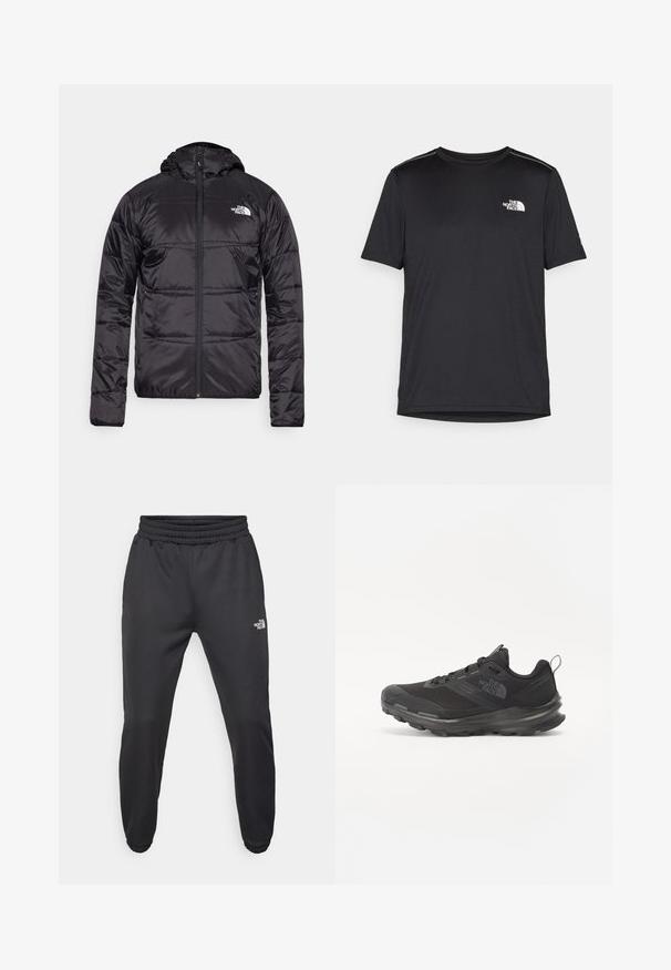Giubbotto a vento nero con cappuccio, design trapuntato, chiusura con zip e logo The North Face sul lato sinistro del petto. Realizzato in materiale leggero e lucido.; T-shirt nero a maniche corte realizzata in tessuto leggero. Presenta un piccolo logo bianco sul lato sinistro del petto e delicati dettagli sulle spalle.; Pantaloni sportivi neri con vita regolabile tramitecordino, vestibilità affusolata, polsini elasticizzati e un piccolo logo bianco sulla coscia sinistra, realizzati in tessuto morbido.; Scarpa sportiva nera con tomaia in rete, suola in gomma e collarino imbottito. Presenta lacci, un logo sul lato e un design testurizzato.