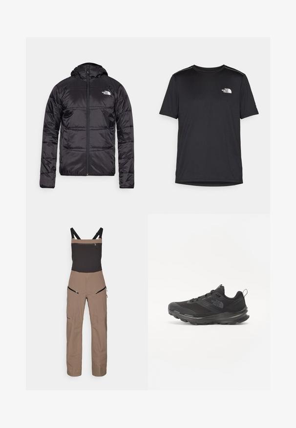 Svart puffjacka med huva, kviltad design, dragkedjestängning och North Face-logga på vänster bröst. Tillverkad av lätt, glänsande material.; Svart kortärmad T-shirt i lättviktig tyg. Har en liten vit logotyp på vänster bröst och subtila axeltoner.; Bruna och svarta utomhusbyxor med justerbara axelremmar och dragkedjefickor på bröstet och låren.; Svart idrottssko med mesh-överdel, gummiyttersula och vadderad krage. Utrustad med snören, logotyp på sidan och en strukturerad design.