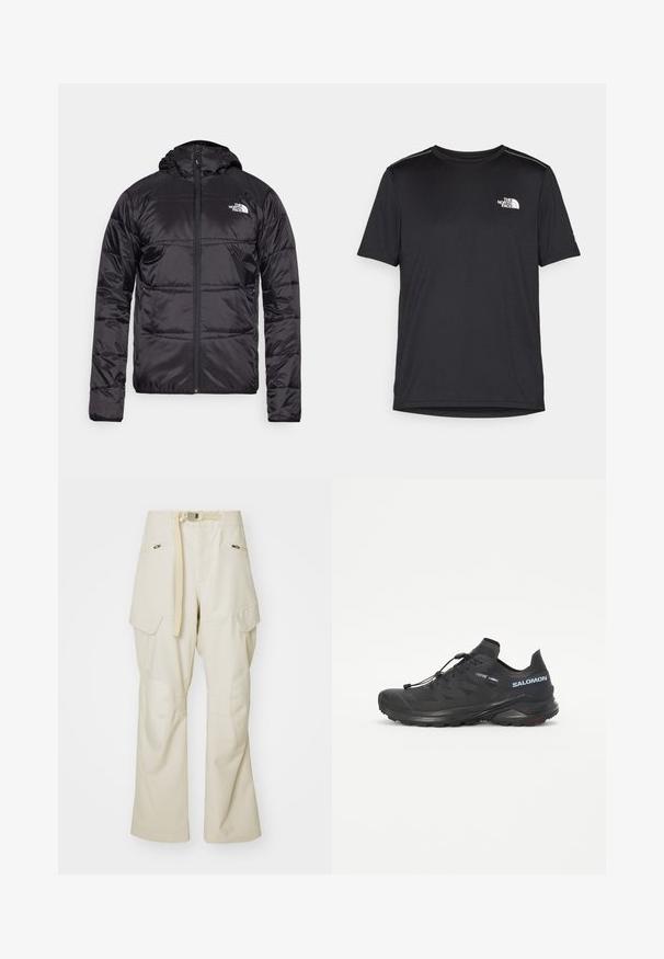Black puffer jacket with a hood, quilted design, zipper closure, and the North Face logo on the left chest. Made from lightweight, shiny material.; Black short-sleeve T-shirt made from lightweight fabric. Features a small white logo on the left chest and subtle shoulder accents.; Beige cargo pants with a wide leg, belted waist, two side pockets, and knee patches. Smooth texture with reinforced stitching details.; Black trail running shoe with a textured upper, elastic laces, and Contagrip outsole. Features a snug fit and protective toe cap.