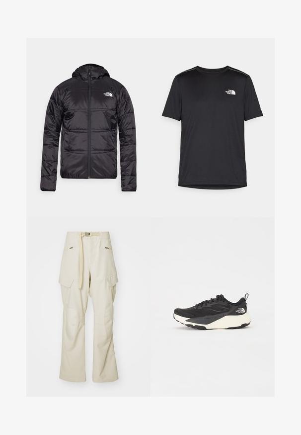 Czarna kurtka puchowa z kapturem, pikowana, z zamkiem błyskawicznym oraz logo The North Face na lewej piersi. Wykonana z lekkiego, błyszczącego materiału.; Czarny t-shirt z krótkim rękawem, wykonany z lekkiego materiału. Posiada małe białe logo na lewej piersi oraz subtelne akcenty na ramionach.; Beżowe spodnie cargo z szerokimi nogawkami, z paskiem w talii, dwoma bocznymi kieszeniami i łatami na kolanach. Gładka tekstura z wzmocnionymi detalami szwów.; Czarne buty sportowe z teksturowaną siateczką, solidnymi czarnymi akcentami i białą, lekką podeszwą. Posiadają zapięcie na sznurówki i uchwyt do zakładania.