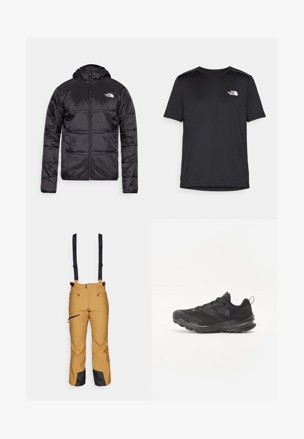 Svart dunjakke med hette, quiltet design, glidelås og North Face-logo på venstre bryst. Laget av lett, skinnende materiale.; Svart kortermet T-skjorte laget av lett materiale. Har en liten hvit logo på venstre bryst og subtile skulderdetaljer.; Gule snøbukser med sorte justerbare seler. Har glidelås-lommer og sorte detaljer ved mansjettene. Rett ben-design. Vanntett materiale.; Svart treningssko med mesh-overdel, gummiyttersåle og polstret krage. Har snører, logo på siden og et teksturert design.