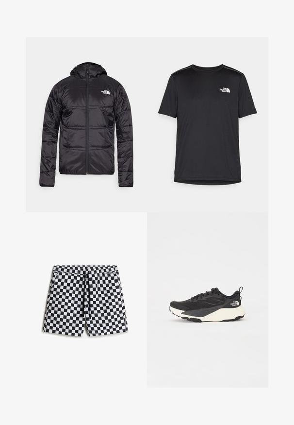 Schwarze Daunenjacke mit Kapuze, gestepptem Design, Reißverschluss und dem North Face-Logo auf der linken Brust. Hergestellt aus leichtem, glänzendem Material.; Schwarzes T-Shirt mit kurzen Ärmeln aus leichtem Stoff. Mit einem kleinen weißen Logo auf der linken Brust und dezenten Akzenten an den Schultern.; Schwarz-weiße kariert Bade Shorts mit elastischem Bund, Kordelzug und Seitentaschen, aus einem glatten, leichten Stoff.; Schwarzer Sportschuh mit strukturiertem Mesh-Obermaterial, komplett schwarzen Akzenten und leichter weißer Laufsohle. Verfügt über eine Schnürung und eine Zuglasche.