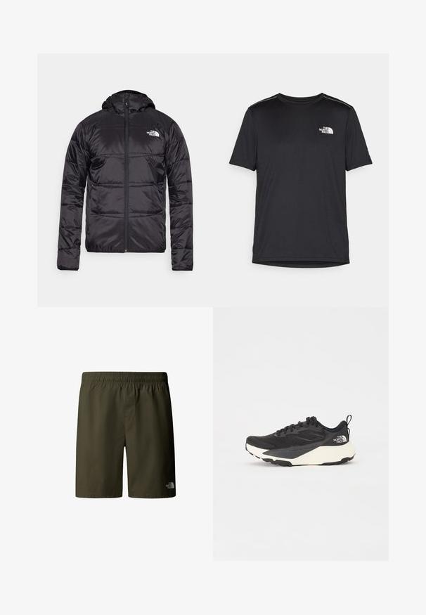 Černá pufrová bunda s kapucí, prošívaný design, zapínání na zip a logo North Face na levé části hrudi. Vyrobena z lehkého, lesklého materiálu.; Černé tričko s krátkým rukávem vyrobené z lehkého materiálu. Má malé bílé logo na levé části hrudi a decentní akcenty na ramenech.; Olivově zelené cargo šortky s elastickým pasem a šňůrkou, na dolní pravé straně je malé logo. Hladká, lehká tkanina.; Černá sportovní bota s texturovaným síťovaným svrškem, solidními černými akcenty a bílou lehkou podrážkou. Vybavena šněrováním a poutkem.