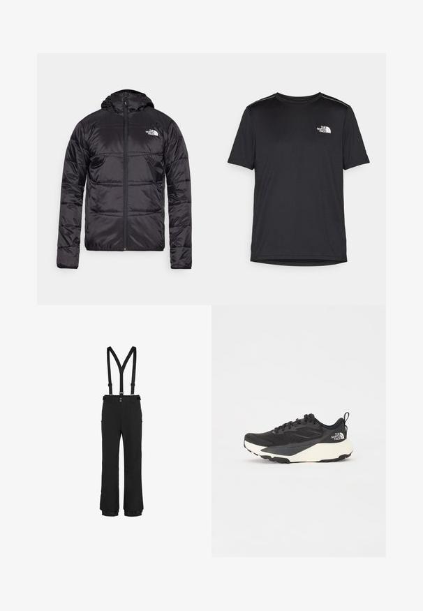 Czarna kurtka puchowa z kapturem, pikowana, z zamkiem błyskawicznym oraz logo The North Face na lewej piersi. Wykonana z lekkiego, błyszczącego materiału.; Czarny t-shirt z krótkim rękawem, wykonany z lekkiego materiału. Posiada małe białe logo na lewej piersi oraz subtelne akcenty na ramionach.; Czarne spodnie śniegowe z regulowanymi szelkami, zamek błyskawiczny z przodu, boczne kieszenie na zamek oraz elastyczne mankiety na dole dla pewnego dopasowania.; Czarne buty sportowe z teksturowaną siateczką, solidnymi czarnymi akcentami i białą, lekką podeszwą. Posiadają zapięcie na sznurówki i uchwyt do zakładania.