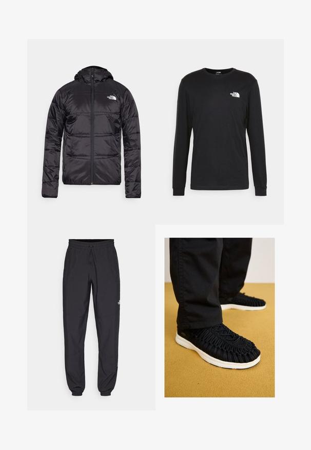 Schwarze Daunenjacke mit Kapuze, gestepptem Design, Reißverschluss und dem North Face-Logo auf der linken Brust. Hergestellt aus leichtem, glänzendem Material.; Schwarzes Langarm-T-Shirt aus Baumwolle mit einem weißen Logo auf der linken Brust und gerippten Bündchen. Glatte Textur mit Rundhalsausschnitt.; Schwarze Sporthosen aus leichtem Stoff, mit einem Kordelzugbund, seitlichen Taschen und schmal zulaufenden Bündchen an den Knöcheln.; Schwarzer Sneaker mit geflochtenem Obermaterial, runder Zehenpartie und weißer Sohle. Schnürsystem oben und detaillierte Textur über den gesamten Schuh.