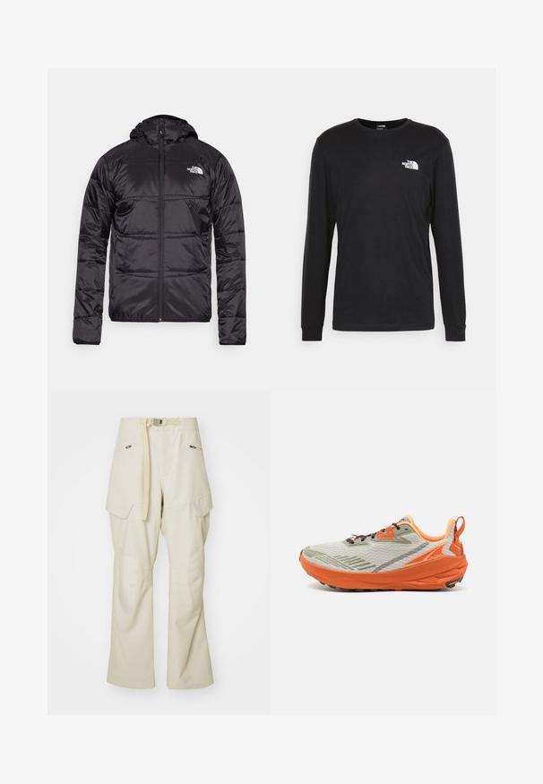 Musta puhvjakas kapuutsiga, tikandeid sisaldava disainiga, lukuga ning vasakul rinnal North Face'i logo. Valmistatud kergest, läikivast materjalist.; Musthave musta pika varrukatega t-särk, mis on valmistatud puuvillast. Esiplaanil on valge logo vasaku rinna kohal ning ribitekkide detailid. Särk on sileda tekstuuriga ja ümar lõikega kaelusega.; Beežid värvikohvikad, lai jalg, vööga talje, kahe küljetaskuga ja põlvekohad. Ühtlane tekstuur koos tugevdatud õmblustega.; Altra EXPERIENCE WILD - Metsajooksu tossud - gray/orange