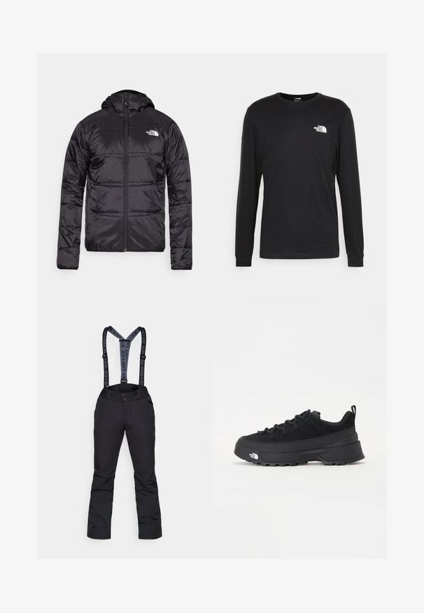 Crna zimska jakna s kapuljačom, kvačena dizajn, zatvaranje na zip, i logo North Face na lijevoj strani prsa. Napravljena od laganog, sjajnog materijala.; Crna majica dugih rukava od pamuka, s bijelim logotipom na lijevoj strani prsnog koša i rebrastim manžetama. Glatka tekstura s okruglim dekolteom.; Crne snježne hlače s podesivim sivim naramenicama, koje imaju glatku teksturu, džepove na zatvarač i ojačane panele na donjim dijelovima nogavica.; Crne vanjske tenisice s gornjim dijelom od antilopa, teksturiranim gumenim potplatom i čvrstim sustavom vezanja. Imaju ojačan petni deo i logo brenda sa strane.