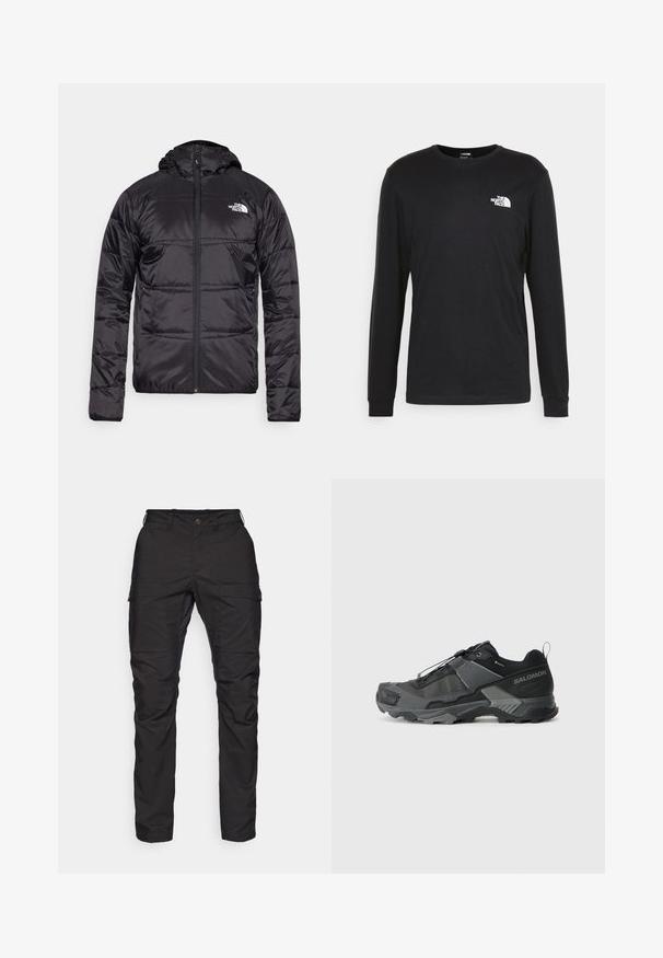 Juodas pūkinis švarkas su gobtuvu, siuvinėta konstrukcija, užtrauktuko uždarymas ir "The North Face" logotipas kairėje krūtinės pusėje. Pagamintas iš lengvos, blizgios medžiagos.; Juoda džemperis ilgomis rankovėmis, pagamintas iš medvilnės, su baltu logotipu kairėje krūtinės pusėje ir pūstomis rankogaliais. Lygus paviršius su apykakle.; Juodos krovinių kelnės, pagamintos iš tvirto audinio, su dviem šoninėmis kišenėmis, mygtuko užsegimu ir siaurėjančiais kojų kirpimais, pasižyminčios sklandžiu tekstūru.; Juodas bėgimo trail avalynė su patvariu tinkleliu, sustiprinta pado dalimi, tekstūruotu gumuotu padu ir elastingu raištelių sistema, užtikrinančia tvirtą prigludimą.