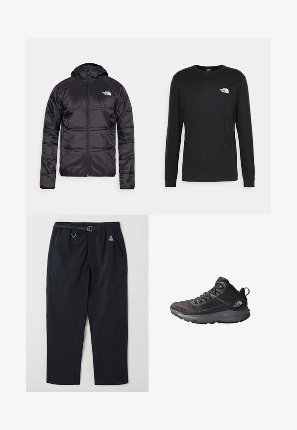 Czarna kurtka puchowa z kapturem, pikowana, z zamkiem błyskawicznym oraz logo The North Face na lewej piersi. Wykonana z lekkiego, błyszczącego materiału.; Czarny longsleeve t-shirt wykonany z bawełny, z białym logo na lewej piersi i ściągaczami przy nadgarstkach. Gładka faktura z okrągłym dekoltem.; Czarne spodnie na zewnątrz wykonane z lekkiego materiału, z elastycznym paskiem w talii i paskiem, dwoma bocznymi kieszeniami oraz subtelnie umieszczonym logo.; Czarne buty trekkingowe z fakturowaną cholewką, wzmocnionym noskiem i szarym outsolem. Charakteryzują się sznurowanym zapięciem i wyściełanym kołnierzem wokół kostki.