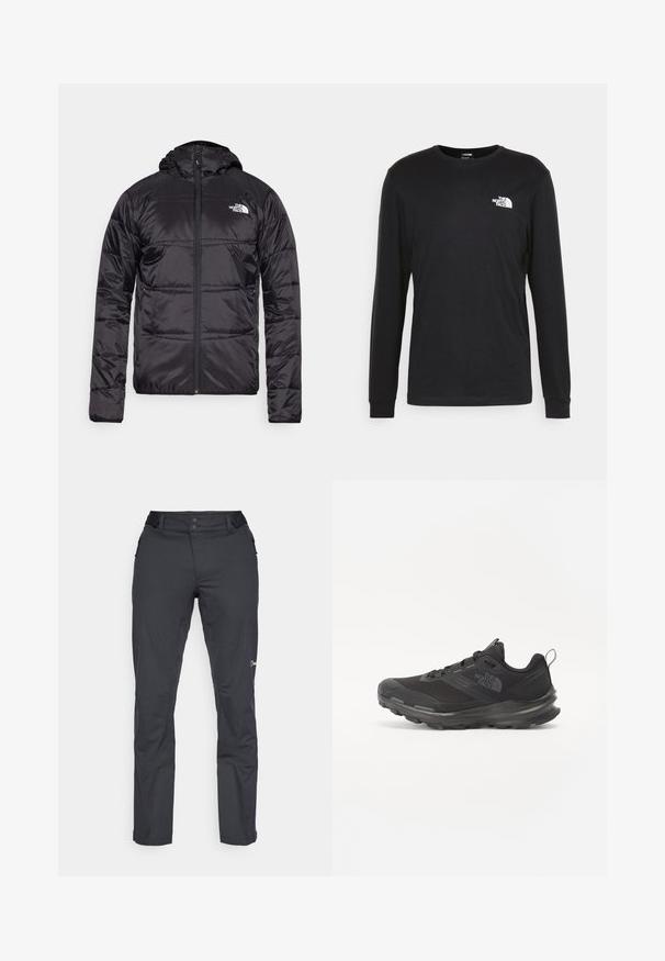 Crna zimska jakna s kapuljačom, kvačena dizajn, zatvaranje na zip, i logo North Face na lijevoj strani prsa. Napravljena od laganog, sjajnog materijala.; Crna majica dugih rukava od pamuka, s bijelim logotipom na lijevoj strani prsnog koša i rebrastim manžetama. Glatka tekstura s okruglim dekolteom.; Berghaus RIDGE ROAMER - Hlače za otvoreno - black; Crne sportske tenisice s mrežastim gornjim dijelom, gumiranom potplatom i podstavljenim rubom. Imaju vezice, logo sa strane i teksturirani dizajn.