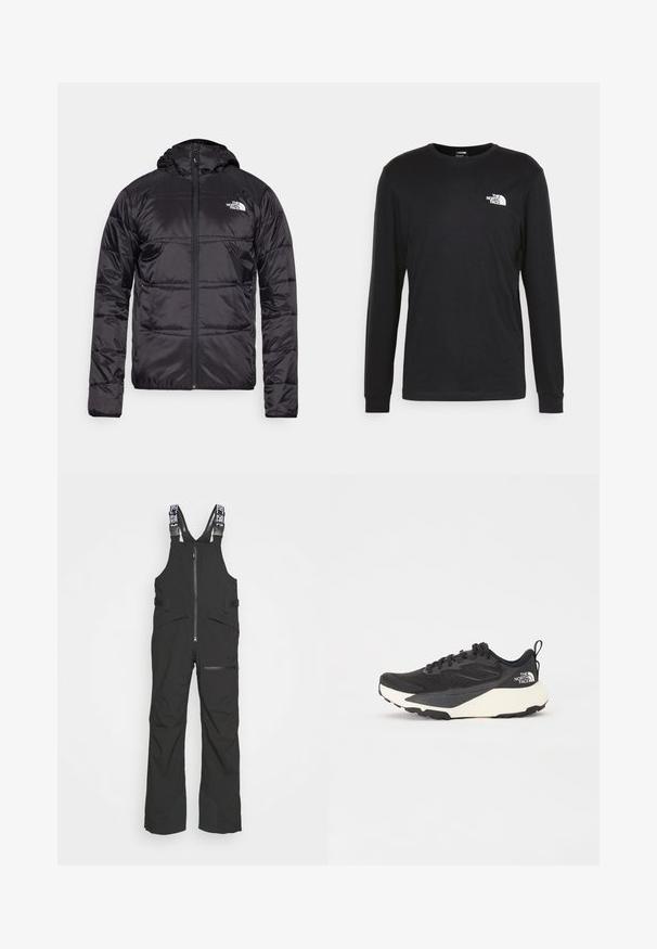 Melnā pūkšķu jaka ar kapuci, ar izšūtu dizainu, ar rāvējslēdzēja aizdari un North Face logotipu uz kreisā krūškurvja. Izgatavota no viegla, spīdīga materiāla.; Melnā garenā piedurkņu T-kreklā, kas izgatavots no kokvilnas, kreklā ir balts logo uz kreisā krūšu laukuma un ribotās aproces. Tam ir gluda tekstūra un apaļa izgriezuma forma.; Melnas ūdensizturīgas bikses ar salokāmām siksnām, priekšējo rāvējslēdzēju un vairākām kabatām, ar pastiprinātām kāju daļām izturības nodrošināšanai.; Melna sporta kurpe ar teksturētu acs augšdaļu, cietiem melniem akcentiem un balto vieglo zoli. Iekļauj šņorēšanas aizdari un vilkšanas cilpu.