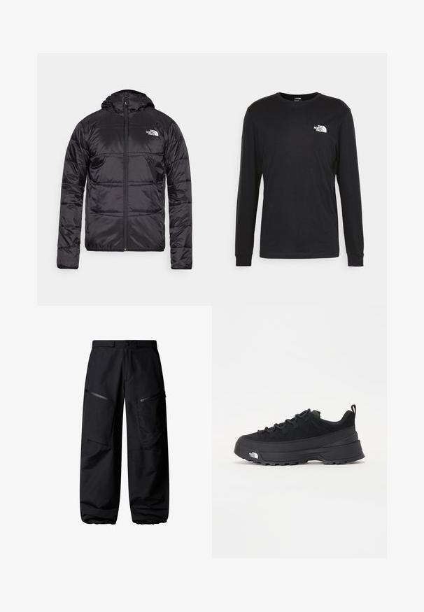 Črna puff jakna s kapuco, prešita zasnova, zadrga in logotip The North Face na levem prsnem delu. Narejena iz lahkega, sijočega materiala.; Črna majica z dolgimi rokavi iz bombaža, ki ima beli logotip na levem prsnem delu in rebraste manšete. Gladka tekstura z okroglim izrezom.; Črne cargo hlače z ohlapnim krojem, ki imajo več žepov z zadrgo in elastičnimi manšetami. Narejene so iz lahkega, trpežnega materiala.; Črne zunanje teniske s zgornjim delom iz usnja z nubukom, teksturiranim gumijastim podplatom in trdnim vezalnim sistemom. Imajo ojačan petni del in logotip blagovne znamke na strani.